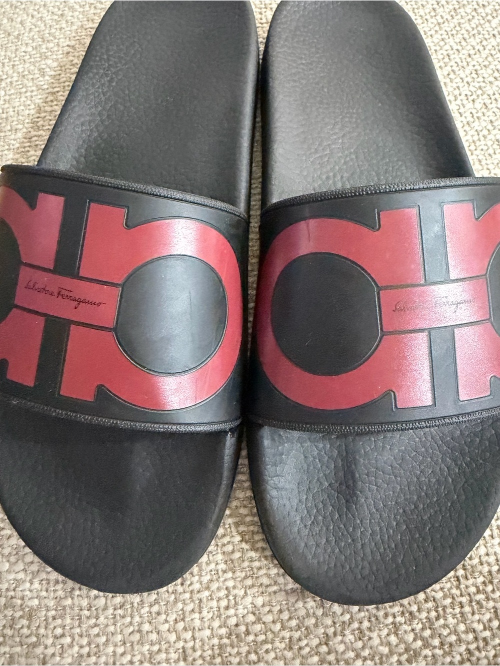 Salvatore Ferragamo Black with Red Logo Slide Sandals